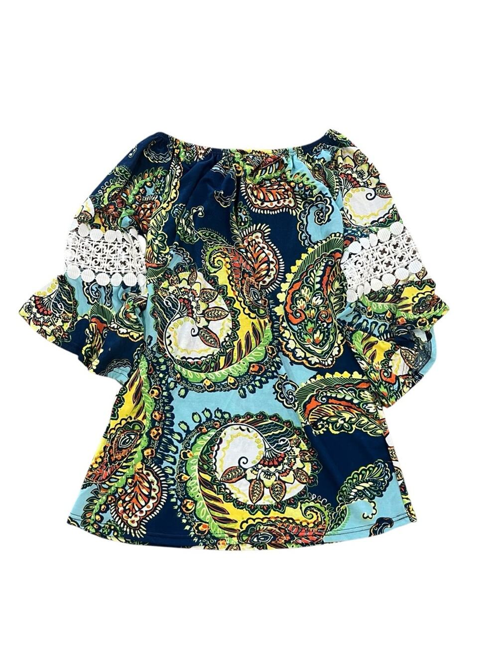 Win Win Womens Small Medium Multicolor Paisley Boho Pinwheel Sleeve Tunic Top